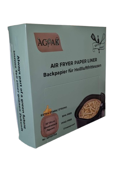 Heißluftfritteusenpapier, 20cm, quadratisch, Familienpackung, 125 Stück, BPA-frei, PFAS-frei, ungebleicht, extrem fettbeständig
