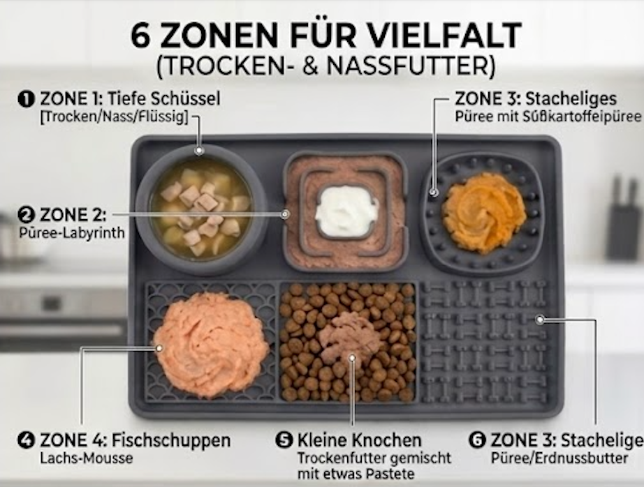 Premium 6-in-1 Schleckmatte mit integriertem Napf – extra groß