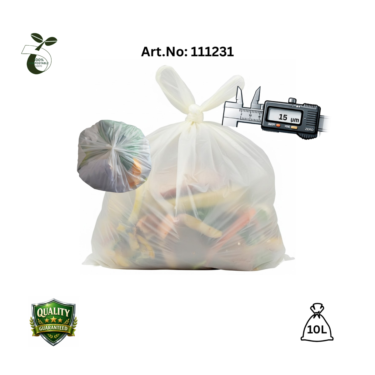 Kompostierbarer Beutel, 10L, Qualitätsgarantie, 2,99 €/Rolle