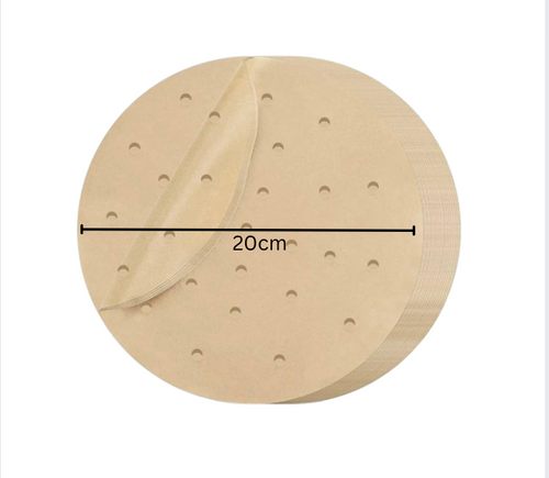 Backpapier für Heißluftfritteusen, Grillpapier, Dampfgarer, rund, 20 cm, Packung mit 100 Blatt, antihaftbeschichtet, perforiert, kompatibel mit den meisten HEISSLUFTFRITTEUSEN-MARKEN auf dem europäischen Markt
