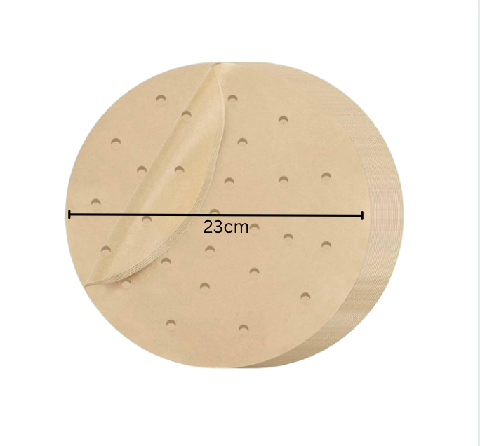 Backpapier für Heißluftfritteusen, Grillpapier, Dampfgarer, Rund 23cm, 125 Blatt, Antihaft, Perforiert, Kompatibel mit den meisten HEISSLUFTFRITTEUSEN MARKEN auf dem europäischen Markt