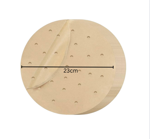 Backpapier für Heißluftfritteusen, Grillpapier, Dampfgarer, Rund 23cm, 125 Blatt, Antihaft, Perforiert, Kompatibel mit den meisten HEISSLUFTFRITTEUSEN MARKEN auf dem europäischen Markt