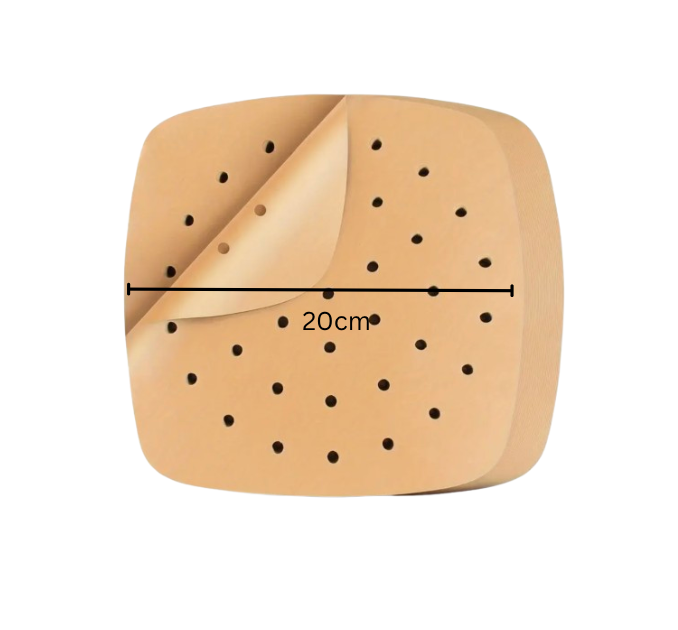 Air Fryer Backpapier, Grillpapier, Dampfgarer, quadratisch 20*20cm, 125 Blatt, Antihaftbeschichtet, Perforiert, Kompatibel mit den meisten HEISSLUFTFRITTEUSEN MARKEN auf dem europäischen Markt